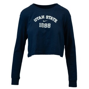 Utah State 1888 Faux Stitching Navy Long-Sleeve Cropped T-Shirt Women's